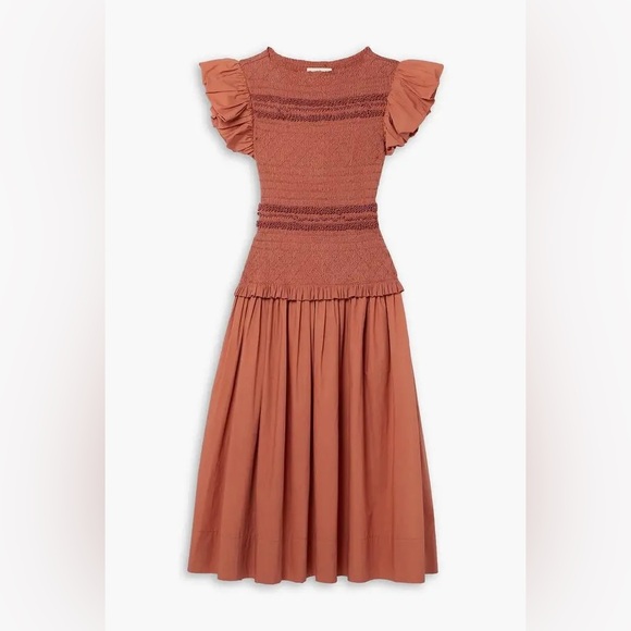 Ulla Johnson Flutter Sleeve Smocked Midi Madeline Dress, Clay Sz 2 (NWT) - Picture 6 of 9